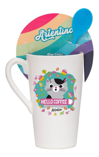 6 Jarro Taza Alta Cerámica Café Té Cuchara Regalo Original