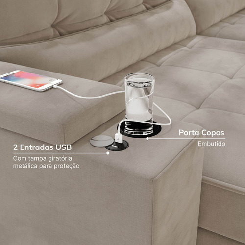 Sofá Retrátil Reclinável Com Porta Copos E Usb 3 Eewt