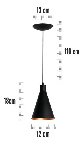 Imagem 4 de 6 de Kit 3 Luminária Pendente Cone Preto Com Cobre Bancada Cozin