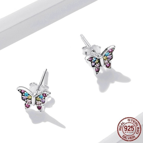 Aros De Plata 925 Con Circones Diseño Mariposa Multicolor