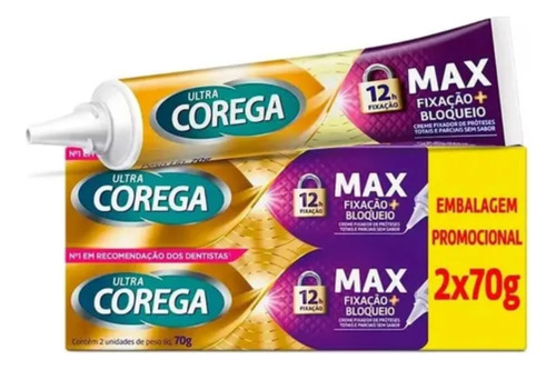 Kit Ultra Corega Max Fixaçao + Bloqueio Creme S/ Sabor 2x70g