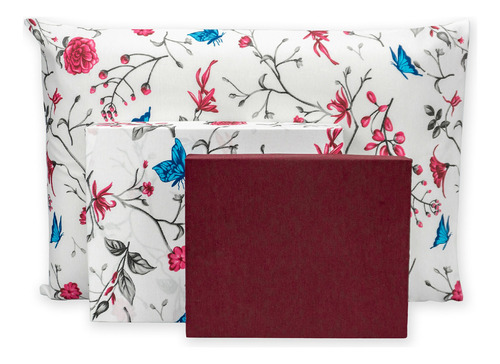 Lençol Solteirão 4 Pçs Estampado Percal 180 Fios Bainha Cor Hibisco Vinho Desenho Do Tecido Floral