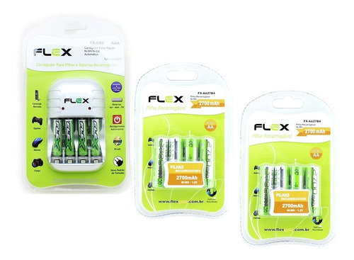 12 Pilhas Recarregável Flex Aa 2700mah + Carregador Rápido