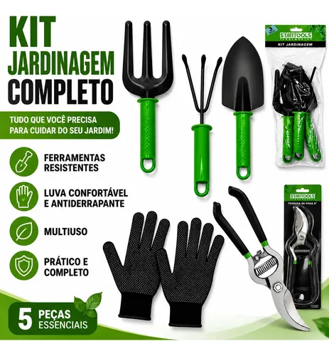 Kit Jogo Jardinagem Jardim Pá Tesoura Poda Luva 5 Peças