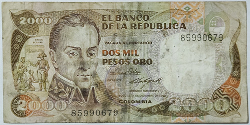 Billete 2000 Pesos 17/dic/1985 Colombia Vf