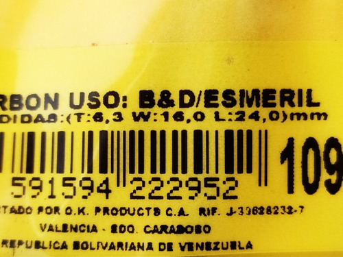 Carbones B&d Esmeril Medidas T 6,3 W 16 L 24,0 Mm Cod 109-b