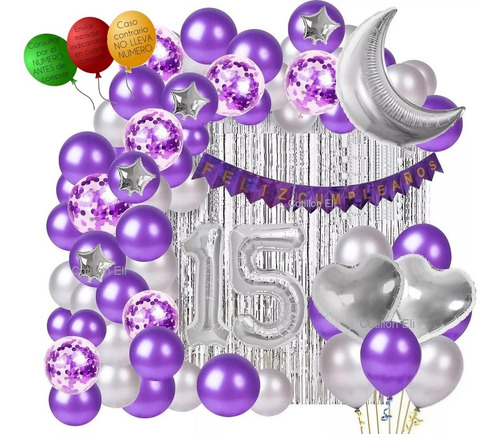 Combo Deco Feliz Cumple Globos Violeta Banderin Cortina 