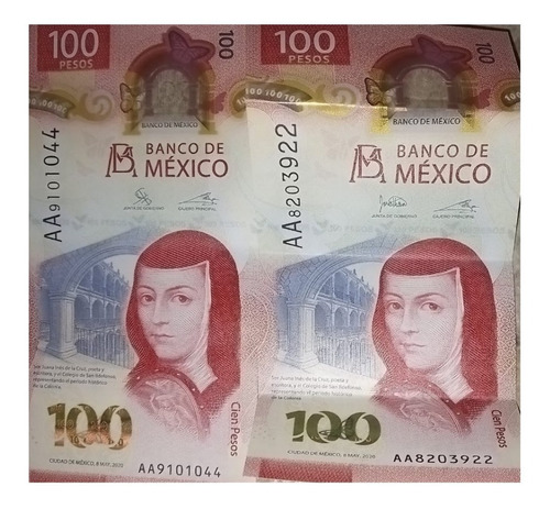 2 Billetes $100 Mèxico, Sor Juana, Serie Aa