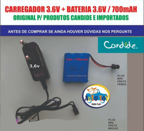 Bateria 3.6v700mah + Carregador 3.6v Mini Plug