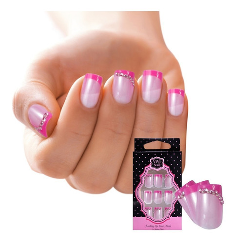 Uñas Postizas Con Cristales Set En Rosa Y Fucsia