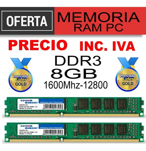 Imagen 1 de 2 de Memoria Ram Ddr3 8gb Pc 1600mhz Nuevas Incluye Iva