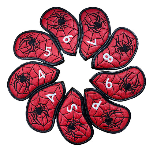 9x Golf Iron Head Covers Classic Spiders Pu Funda Rojo