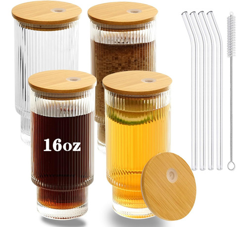 Cayorepo Juego De 4 Vasos Acanalados De 16 Oz Con Tapas De B