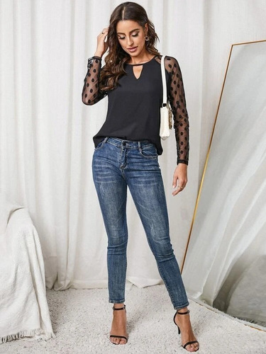 Blusa De Cuello Abertura De Ojo Con Malla Jacquard