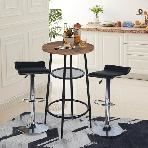 Mesa De Bar Moderna Redonda Doble Capa Metal Negro Madera