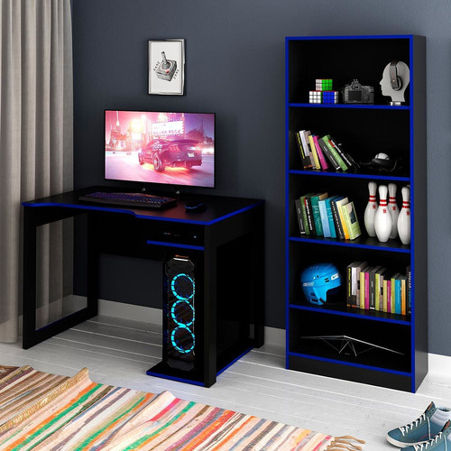 Mesa Gamer Para Computador Com Estante Para Livros E Jogos Cor Preto Com Azul