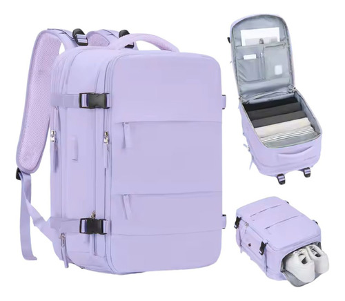 Mochila Viaje Carry On Porta Notebook 25l Daza Webag14 Equipaje De Mano Cabina Avión Con Puerto Usb Y Bolsillo Para Zapatos Ideal Para Universidad Negocios - Violeta
