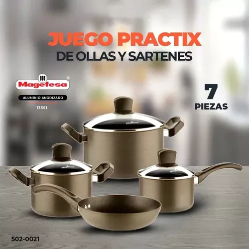 MAGEFESA ® Juego de ollas y sartenes Practika, 7 piezas, este utensilio de  cocina incluye olla, olla para estofado, cacerola, salteado profundo, acero