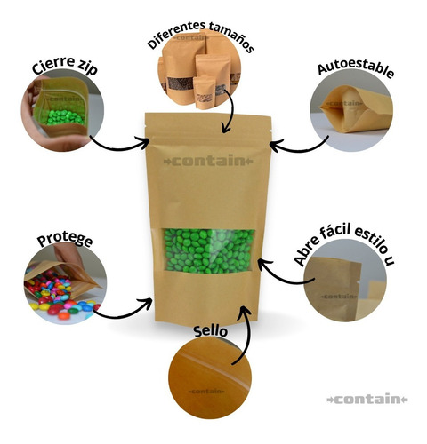 500 Bolsa Stand Up Pouch Con Cierre Kraft Ventana De 70 Grs