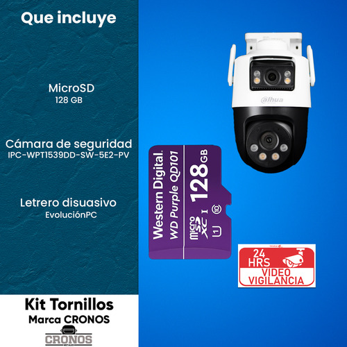 Kit Cronos Cámara De Seguridad Dahua Ip Pt Ipc-wpt1539dd-sw-5e2-pv Wifi Cruiser Dual 10mp Imagen A Color 24/7 Audio Doble Vía Alarma Auto Tracking + Microsd 128gb + Accesorios Cctv Wpt1539d-plus-128
