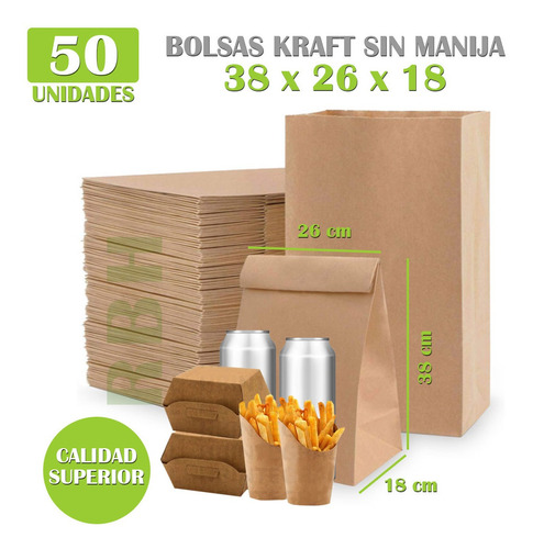 Bolsa De Papel Madera Sin Manija Delivery 38x26x18 X 50u
