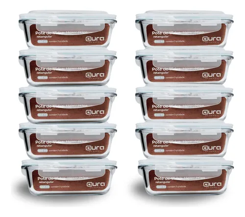Conjunto 10 Potes Vidro 640ml Hermético 4 Travas Aura Do Brasil