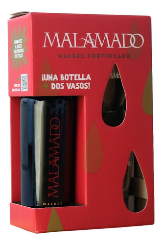 Estuche Vino Fortificado Malamado Malbec 750ml + 2 Vasos