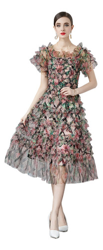 Elegante Vestido De Malla Con Volantes Y Estampado Floral Y