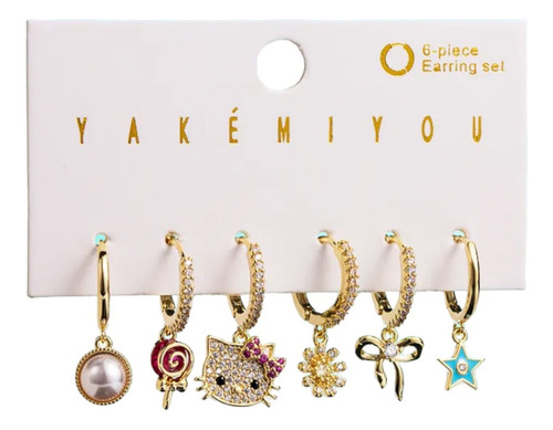 Pack De 6 Aretes Chapa De Oro Hello Kitty Pendientes Kawaii