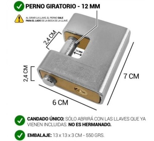 Imagen 3 de 7 de Candado Blindado Macizo 70 Mm Perno Horizontal Local Bronzen