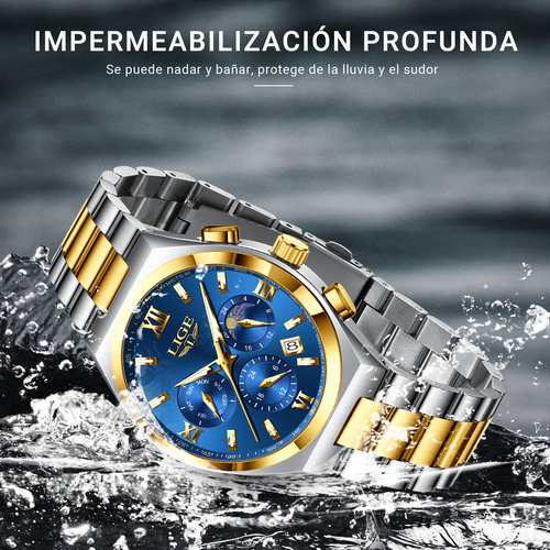 Reloj Pulsera Relojes Hombre Impermeable Acero Inoxidable Correa Plateado/Dorado Bisel Dorado Fondo Azul