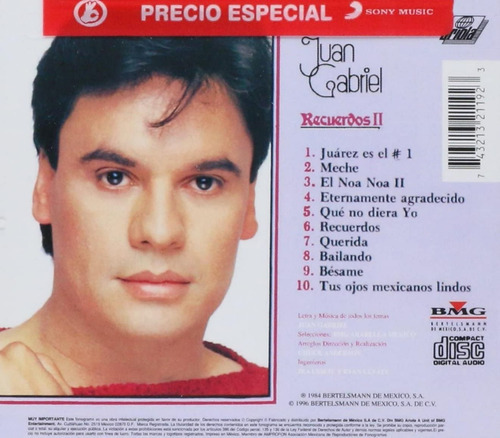 Juan Gabriel Recuerdos 2 Dos Disco Cd (10 Canciones)