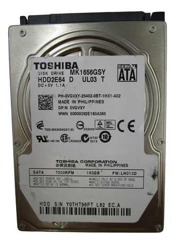 Disco Duro Toshiba 0vgvxy Hdd2e64 160gb 2.5'' 7.2k (Reacondicionado)