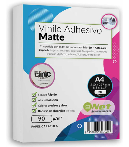 Papel Vinilo Adhesivo A4 Matte 90gr 20 Hoias