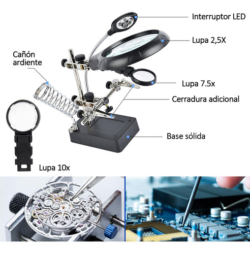 Lupa Con Luz Led 2 5x Aumento Soporte Y Pinza Para Soldadura
