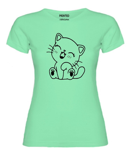 Polera Mujer Estampada Gatito Kawaii