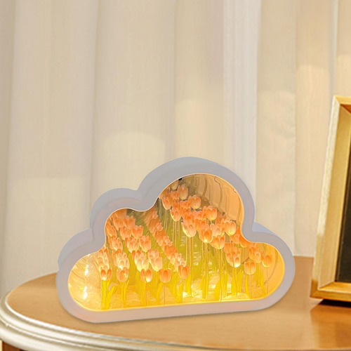 Luz De Noche Con Espejo De Tulipán Diy, 9 Flores Rosadas