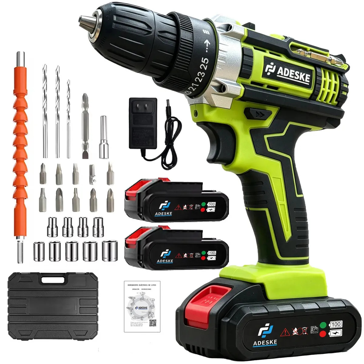 Furadeira Eletrica Parafusadeira Multifuncional Mandril Sem Fio Com 2 Baterias 1850rpm Reversa Completo Profissional Ferramentas Em Adeske Verde 127/220v 50hz/60hz