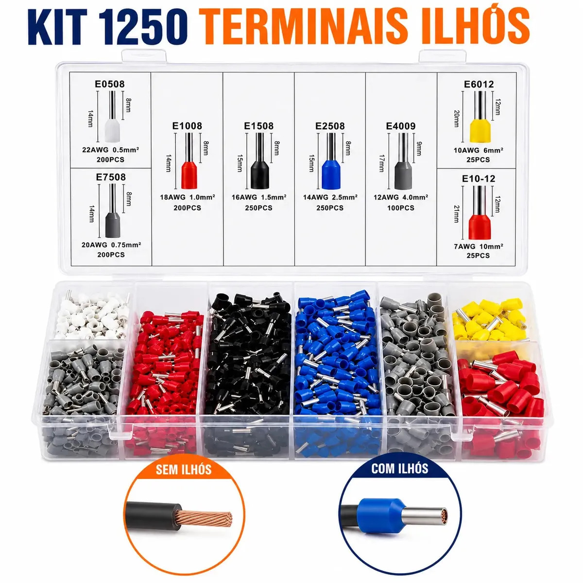 Kit Terminal Ilhós 1250 Peças Tubular Para Fios Elétricos