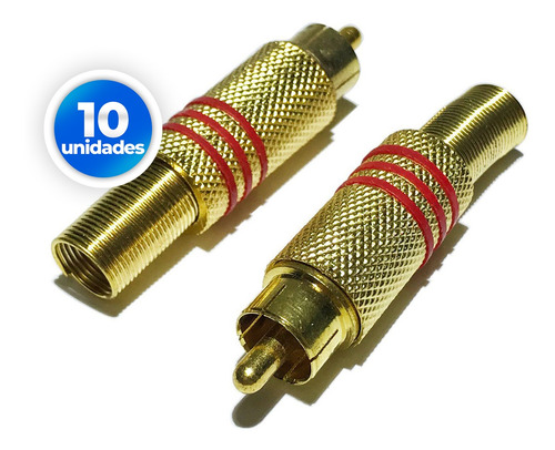 10 Conector Rca Plug Tipo Macho Dourado Com Mola Metal 10und