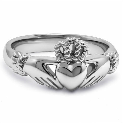 Anillo Claddagh Puro Oro Blanco 10kt 4.5gr Sin Piedras