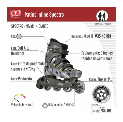 Patins Inline Recreação Traxart Spectro 72mm Abec-3 + Brinde