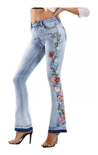 Jeans De Mujer Con Bordado Floral De Cintura Media