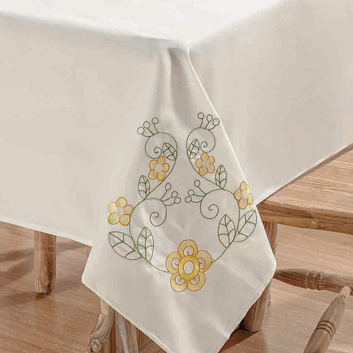 Toalha Mesa Bordada Palha Dália Flor Amarela 2,20m X 1,40m