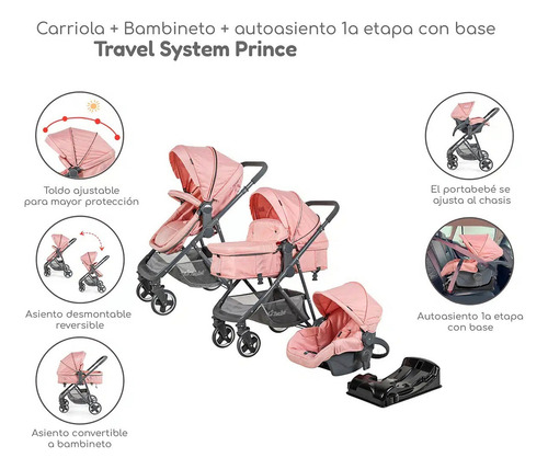 Carriola D Bebe Travel System Prince Con Autoasiento Color Negro Chasis Rosa