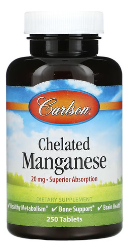 Carlson Labs Manganeso Quelado, 20 Mg, 250 Comprimidos Sabor Sin Sabor