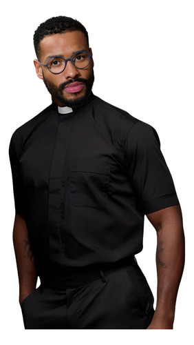 Camisa Clerical Slim Fit Manga Curta Com Bolso (passa Fácil)