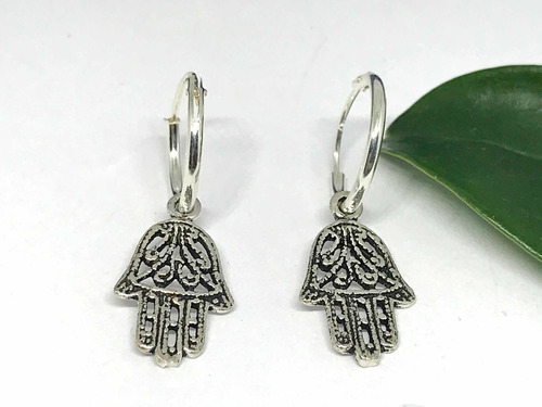 Aros Argollas Plata 925 Mano De Fátima Hamsa Mujer 12 Mm