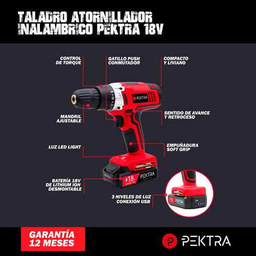 Imagen 2 de 7 de Taladro Atornillador Inalambrico Pektra 18v Con Bateria