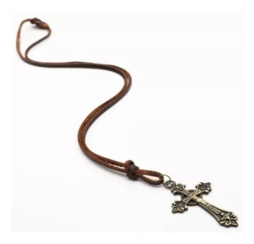 Colar Cordão Masculino Couro Pingente Crucifixo Vintage